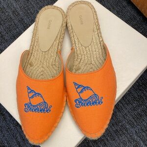 Ganni Orange Espadrille Slip-On Mules with Blue Embroidery